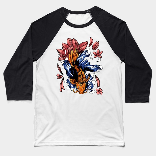 Japanese Koi Fish and Tattoo wave and Blossom Baseball T-Shirt by khamidfarhan182